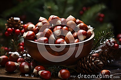 Bowl with sweet chestnuts on dark background Stock Photo