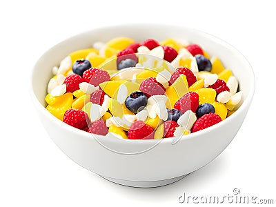 bowl of tasty cornflakes with berries on white background Stock Photo