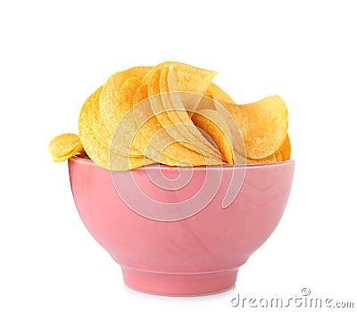 Bowl with tasty crispy potato chips on white background Stock Photo