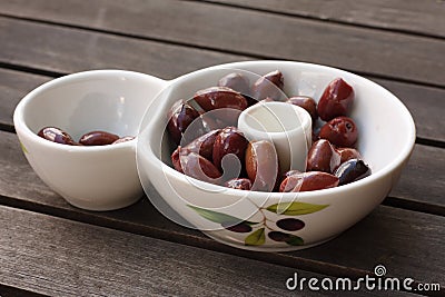 Bowl of tasty kalamata olives Stock Photo