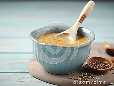 Bowl with tasty mustard soup on light blue wooden table, closeup. Made with Generative AI Stock Photo