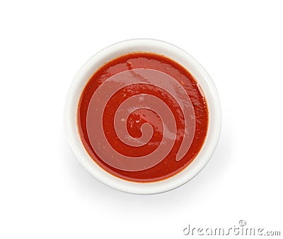 Bowl of tasty tomato sauce isolated on white Stock Photo