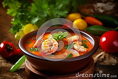 Bowl of Tom Yum Goong, spicy shrimp soup, Thailand food. Generative AI Stock Photo