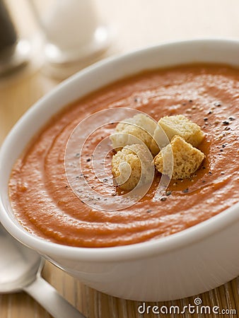 Bowl of Tomato Soup with Croutons Stock Photo