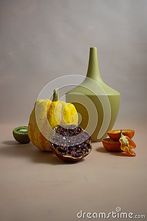Modern trendy still life with fruits and vegetables Stock Photo