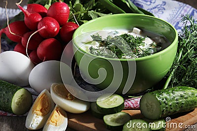 A bowl with traditinal Russian cuisine soup okroshka Stock Photo