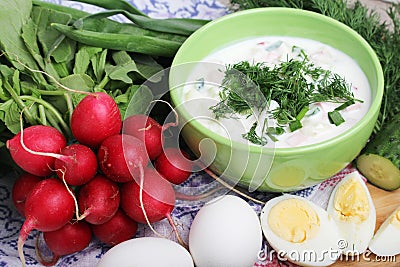 A bowl with traditinal Russian cuisine soup okroshka Stock Photo