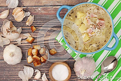 A bowl with traditional Czech garlic soup cesnecka Stock Photo