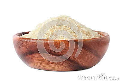 Bowl with uncooked parboiled rice on white Stock Photo
