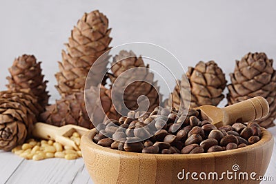 In the bowl are unpeeled pine nuts, behind many cedar cones Stock Photo