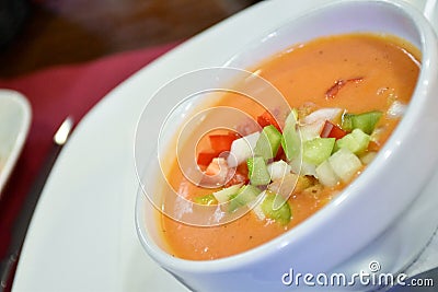 Bowl of vichyssoise with croutons and vegetables Stock Photo