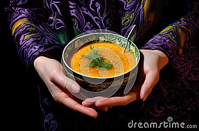 Bowl of warm pumpkin soup in hands. Holding bowl of vegan pumpkin soup. Stock Photo