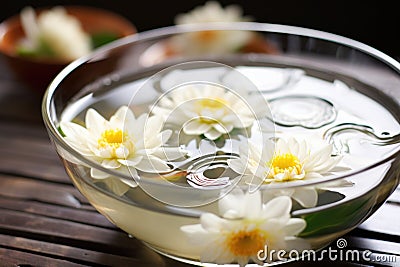 a bowl of water with floating lotus flowers Stock Photo