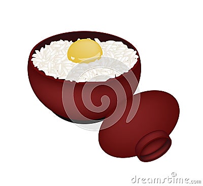 Bowl of White Rice with Raw Egg Vector Illustration