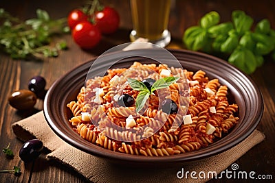 bowl of whole grain pasta with tomato sauce and olives Stock Photo