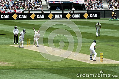 Bowler bowls to batsman in Test Cricket Editorial Stock Photo