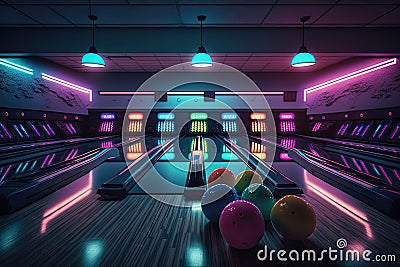 bowling alley, with skittles and pins in place, during late night bowling tournament Stock Photo