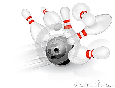 Bowling ball crashing into the pins Vector Illustration