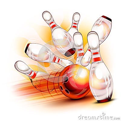 Bowling ball crashing into the shiny pins Vector Illustration