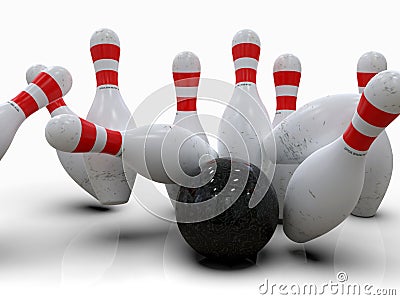 Bowling ball hitting all pins, in a Strike, white background Stock Photo