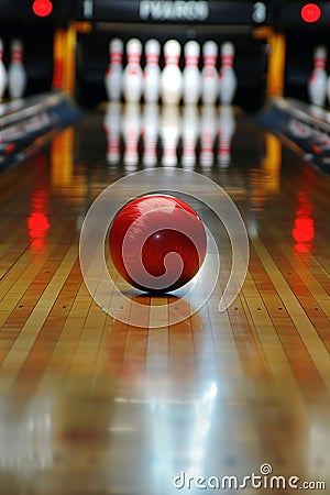 Bowling ball impact: striking pins on alley lane with forceful smash Stock Photo