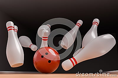 Bowling ball is knocking down pins Strike. 3D rendered illustration Cartoon Illustration