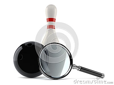 Bowling ball with pin and magnifying glass Stock Photo