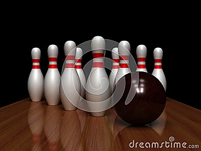 Bowling ball and pins Stock Photo