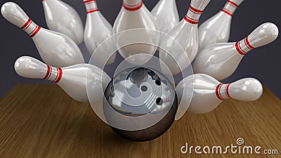 Bowling Ball and Pins on Moment of Strike Impact Stock Photo