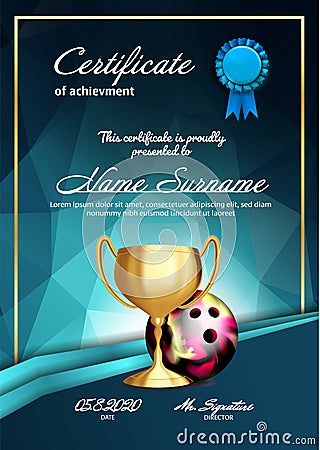 Bowling Certificate Diploma With Golden Cup Vector. Sport Graduation. Elegant Document. Luxury Paper. A4 Vertical Vector Illustration