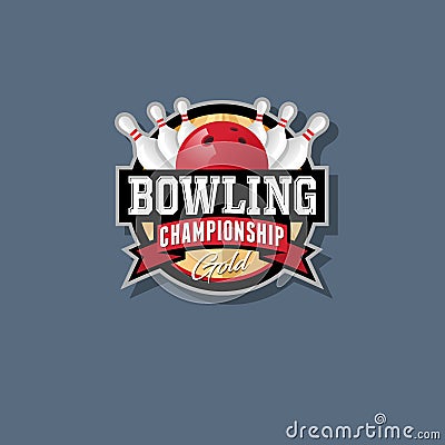Bowling championship emblem. Bowling logo. Skittles and ball. Vector Illustration