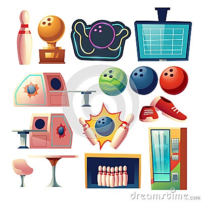 Bowling club equipment icons, design elements set Vector Illustration