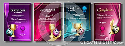 Bowling Game Certificate Diploma With Golden Cup Set Vector. Sport Award Template. Achievement Design. Honor Background Vector Illustration