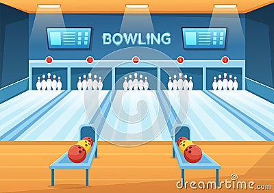 Bowling Game Illustration with Pins, Balls and Scoreboards in a Sport Club for Web Banner or Landing Page in Cartoon Hand Drawn Vector Illustration