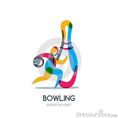 Bowling game logo, icon or emblem design. Running human with bowling ball in hand and multicolor pin. Vector Illustration