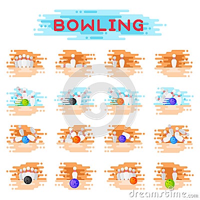 Bowling kegling ball and skittles ninepins crashing game combinations kegling vector illustration Vector Illustration