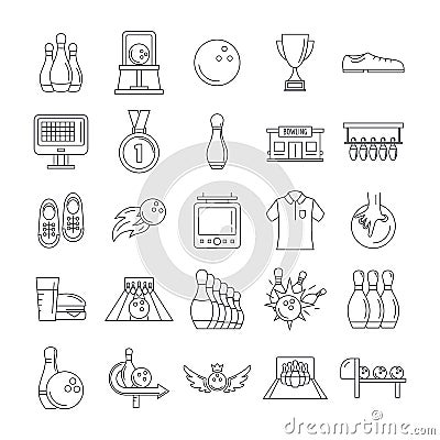 Bowling kegling game icons set, outline style Vector Illustration
