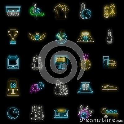 Bowling kegling game icons set vector neon Vector Illustration