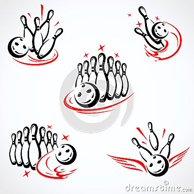 Bowling label and element set. Collection element bowling. Vector Cartoon Illustration