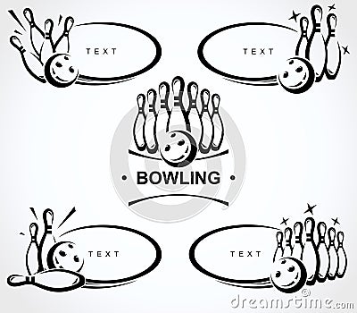 Bowling label and element set. Collection element bowling. Vector Cartoon Illustration