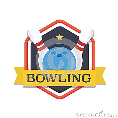 Bowling logo,design template, emblem tournament template. Skittles and ball with ribbons. Vector Illustration