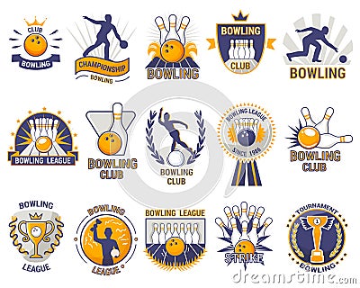 Bowling logo vector bowler sport game with alley or bowling ball skittles and strike on tournament or league in bowl Vector Illustration