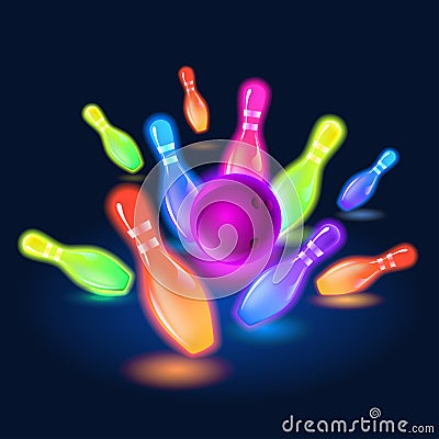 Bowling neon glowing pins. Vector clip art illustration Vector Illustration