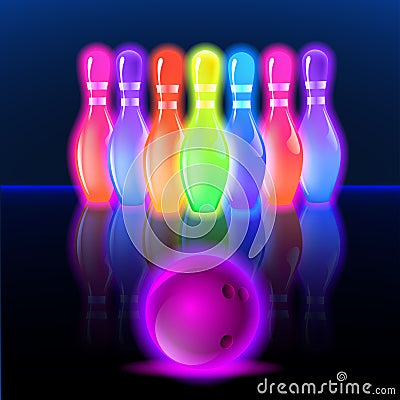 Bowling neon glowing pins. Vector clip art illustration Vector Illustration