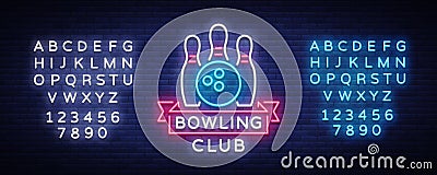 Bowling is a neon sign. Symbol emblem, Neon style logo, Luminous advertising banner, bright billboard, Design template Vector Illustration