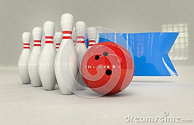 bowling pins and bowling ball with blue flag. 3D render Stock Photo