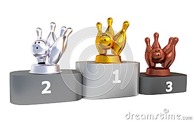 Bowling Podium with Gold Silver and Bronze Trophy Stock Photo
