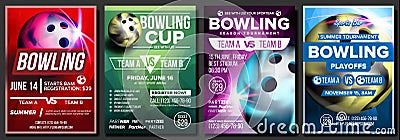 Bowling Poster Set Vector. Design For Sport Pub, Cafe, Bar Promotion. Bowling Club Ball. Modern Tournament. Sport Event Vector Illustration