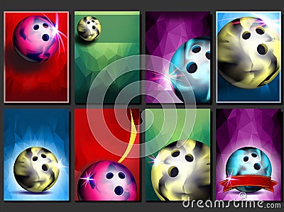 Bowling Poster Set Vector. Empty Template For Design. Promotion. Bowling Club Ball. Modern Tournament. Sport Event Vector Illustration