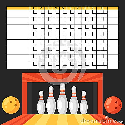 Bowling score sheet. Blank template scoreboard with game objects Vector Illustration